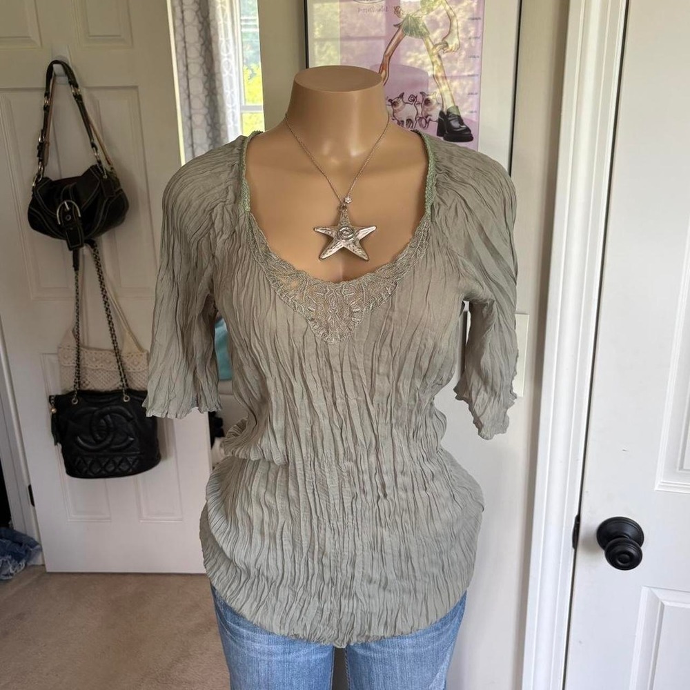Y2K 2000s Sage Crinkle Lace Top‎